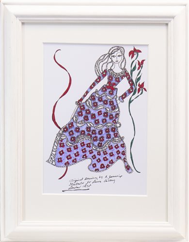 Lot 756 - ORIGINAL ILLUSTRATION OF DESIGNS FOR LAURA ASHLEY, PEN ON CARD BY ROZ JENNINGS