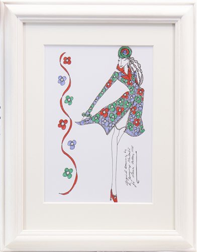 Lot 603 - ORIGINAL ILLUSTRATION OF DESIGNS FOR LAURA ASHLEY, PEN ON CARD BY ROZ JENNINGS