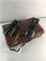 Lot 271 - A PAIR OF OPERA GLASSES, TWO PAIRS OF BINOCULARS, GLASS FLASK AND A SUITCASE