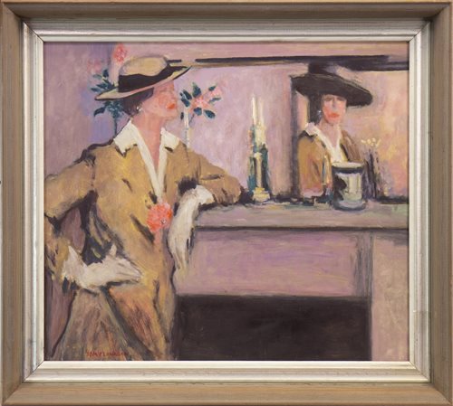 Lot 766 - LADY BY MIRROR, AN OIL BY TOM FLANAGAN
