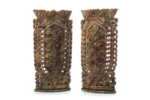 Lot 975 - A PAIR OF CHINESE SOAPSTONE VASES