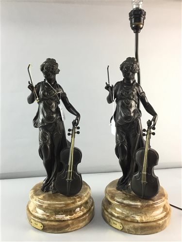 Lot 335 - A LOT OF TWO REPRODUCTION BRONZE AND MARBLE FIGURAL LAMPS
