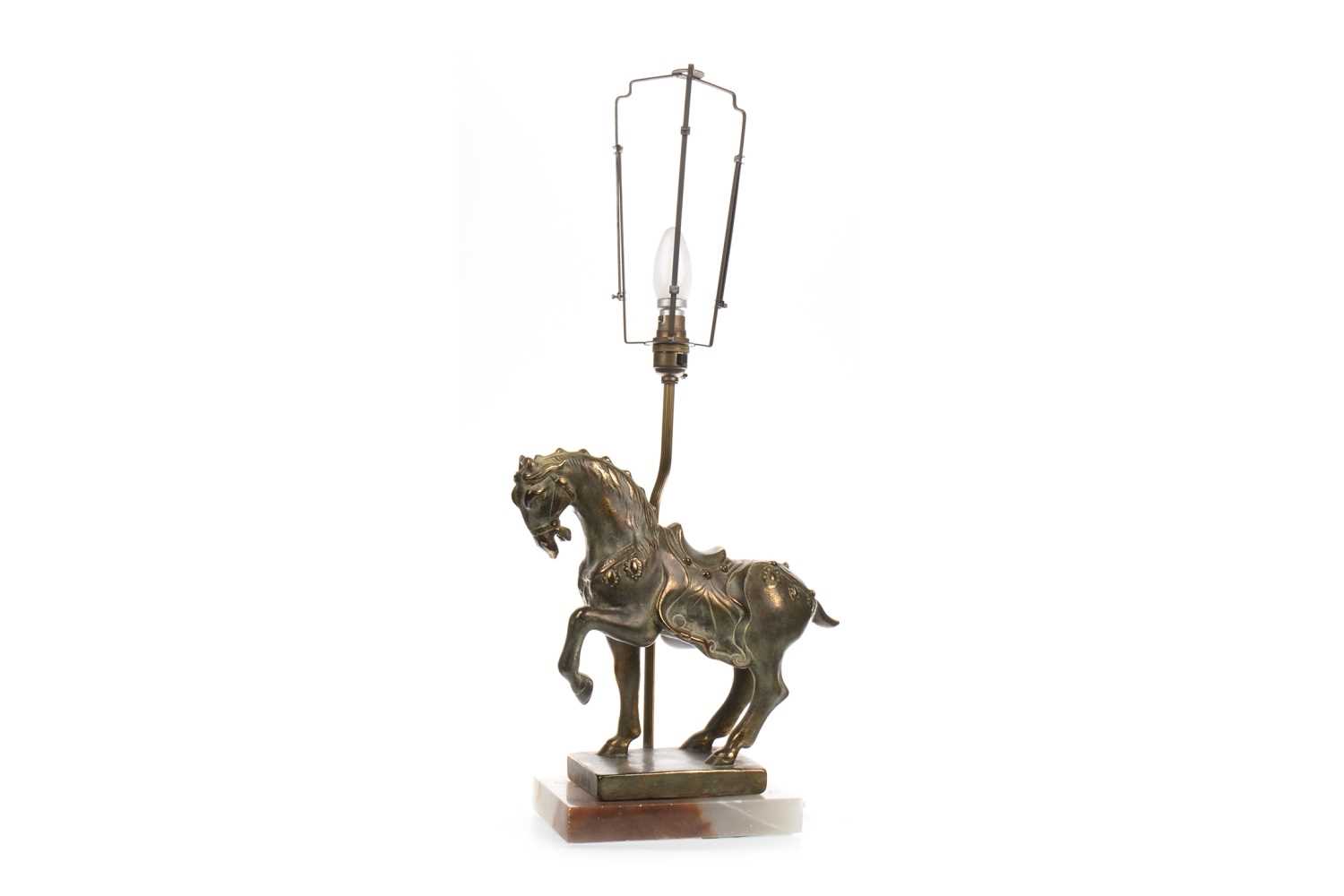 Lot 1829 - A TANG STYLE HORSE TABLE LAMP WITH SHADE