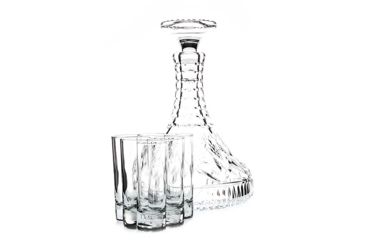 Lot 1838 - A CRYSTAL DECANTER, SIX SHOT GLASSES AND TWO GLASS COMPORTS