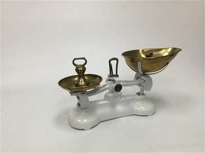 Lot 1830 - A SET OF LIBRA IRON AND BRASS KITCHEN SCALES WITH WEIGHTS