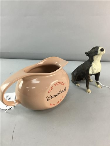 Lot 285 - A WADE 'CRAWFORD'S WHISKY' JUG, WHISKY FLASKS, COALPORT PLATE AND A RESIN FIGURE OF A DOG
