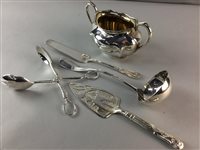 Lot 289 - A PLATED TEA SERVICE, CUTLERY AND JAR ON STAND