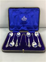 Lot 292 - A SET OF SIX SILVER COFFEE SPOONS WITH MATCHING TONGS AND JAM SPOONS IN CASE