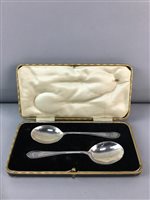 Lot 292 - A SET OF SIX SILVER COFFEE SPOONS WITH MATCHING TONGS AND JAM SPOONS IN CASE