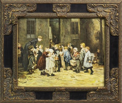 Lot 1783 - ARRIVING AT SCHOOL, OIL ON PANEL BY CONTINENTAL SCHOOL