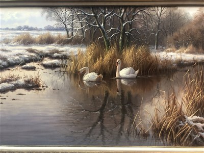 Lot 1758 - SWANS IN WINTER, AN OIL BY CONTINENTAL SCHOOL