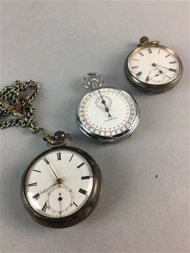 Lot 316 - A LOT OF TWO SILVER PLATED POCKET WATCHES AND AN OMEGA STOPWATCH