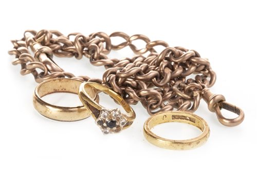 Lot 132 - THREE GOLD RINGS AND A GOLD CHAIN