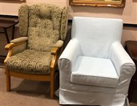 Lot 224 - A STAINED WOOD ARMCHAIR AND A BLUE ARMCHAIR