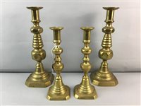 Lot 454 - A PAIR OF 1902 CORONATION BRASS CANDLESTICKS AND OTHER CANDLESTICKS