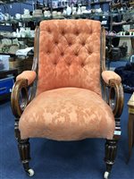 Lot 464 - A STAINED WOOD BUTTON BACK ARMCHAIR