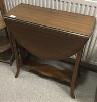 Lot 467 - AN INLAID MAHOGANY TEA TABLE, THREE OCCASIONAL TABLES AND A CAKE STAND