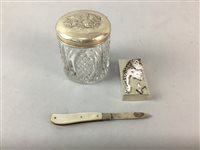 Lot 445 - A SILVER PILL BOX, SILVER TOPPED JAR AND A POCKET KNIFE