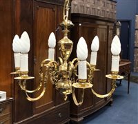 Lot 468 - A BRASS SIX BRANCH CHANDELIER