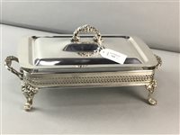Lot 198 - A SILVER PLATED CHAFING DISH AND TWO TUREENS