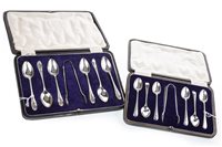 Lot 892 - A SET OF SIX SILVER COFFEE SPOONS WITH TONGS AND A SET OF SIX TEA SPOONS WITH TONGS