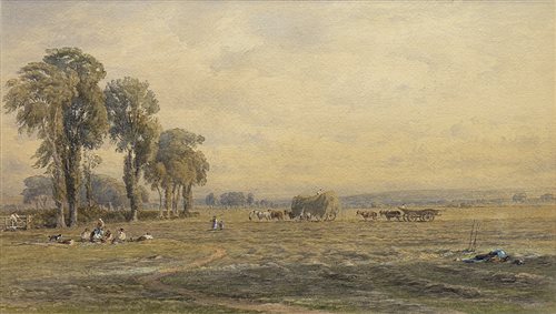 Lot 426 - AN EAST LOTHIAN HARVEST SCENE, A WATERCOLOUR BY GEORGE GRAY