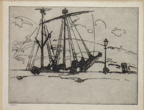 Lot 453 - BOAT IN KIRKCUDBRIGHT, AN ETCHING BY E A TAYLOR
