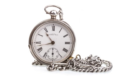 Lot 793 - A SILVER WALTHAM OPEN FACE KEY WIND POCKET WATCH AND CHAIN