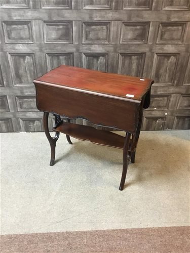 Lot 281 - A MAHOGANY DROP LEAF TEA TABLE, OCCASIONAL TABLE AND A BOOKCASE