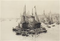 Lot 523 - SHIPS IN THE HARBOUR, A DRYPOINT BY WILLIAM LIONEL WYLLIE