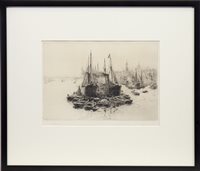 Lot 523 - SHIPS IN THE HARBOUR, A DRYPOINT BY WILLIAM LIONEL WYLLIE