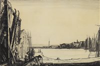 Lot 524 - THE DOCKS, AN ETCHING BY HENRY RUSHBURY