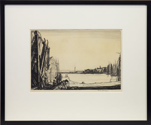 Lot 524 - THE DOCKS, AN ETCHING BY HENRY RUSHBURY