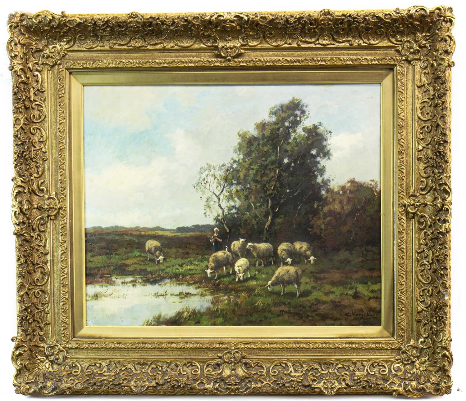 Lot 417 - SHEEP WATERING BY WOODLANDS, AN OIL BY CHARLES VERSCHUUREN