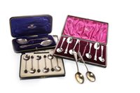 Lot 906 - A SET OF SIX SILVER TEASPOONS AND TONGS WITH OTHER SILVER SPOONS