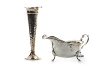 Lot 905 - A GEORGE V SILVER SAUCE BOAT AND A SILVER SOLIFLEUR VASE