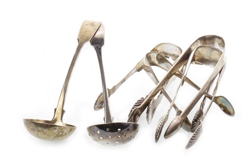 Lot 900 - A LOT OF FOUR PAIRS OF SCOTTISH SILVER SUGAR TONGS AND TWO SILVER LADLES