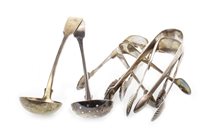 Lot 900 - A LOT OF FOUR PAIRS OF SCOTTISH SILVER SUGAR TONGS AND TWO SILVER LADLES