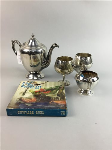Lot 21 - A SILVER PLATED TEA SERVICE AND A COLLECTION OF PLATED ITEMS