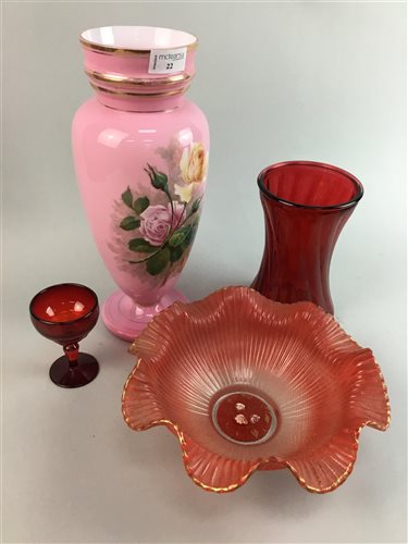 Lot 22 - A CRANBERRY GLASS VASE AND OTHER GLASS WARE