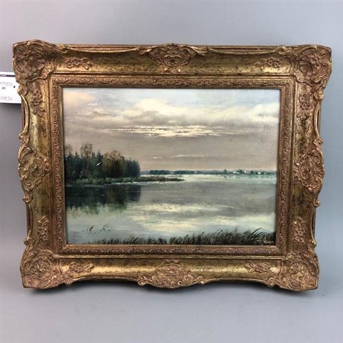 Lot 41 - LAKE SCENE, AN OIL BY H BAUER