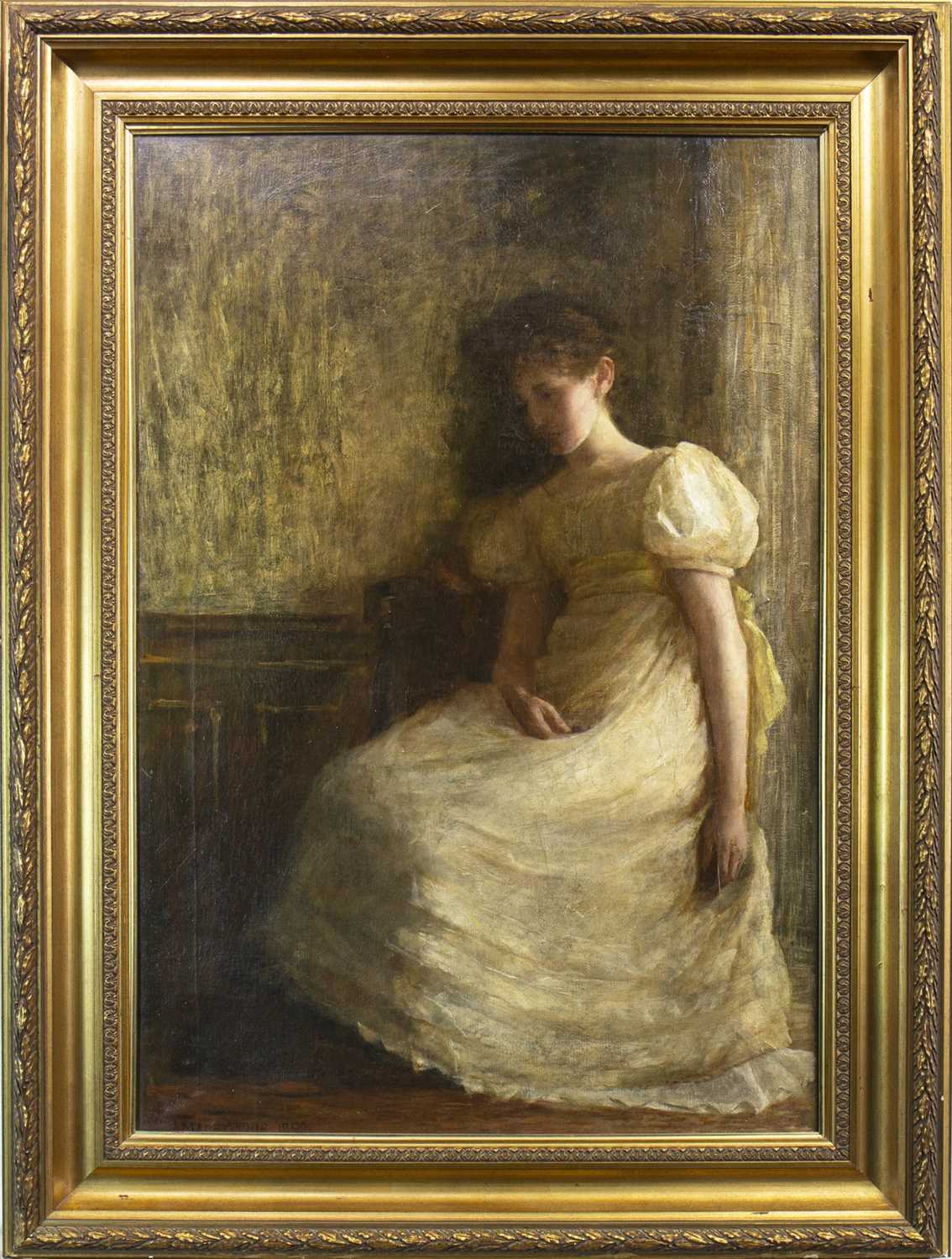 Lot 425 - YOUNG LADY IN A WHITE DRESS, AN OIL BY ALEXINA MACRITCHIE
