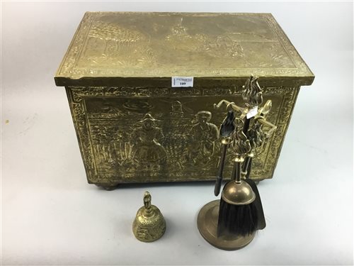 Lot 109 - AN EMBOSSED BRASS LOG BOX AND OTHER BRASS WARE