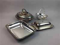 Lot 95 - A SILVER PLATED TUREEN WITH COVER AND OTHER PLATED ITEMS