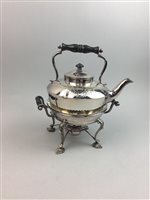 Lot 75 - A VICTORIAN PLATED TEA KETTLE ON STAND AND OTHER PLATED WARES