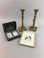Lot 84 - A PAIR OF BRASS CANDLESTICKS, TABLE MIRROR AND OTHER COLLECTABLES