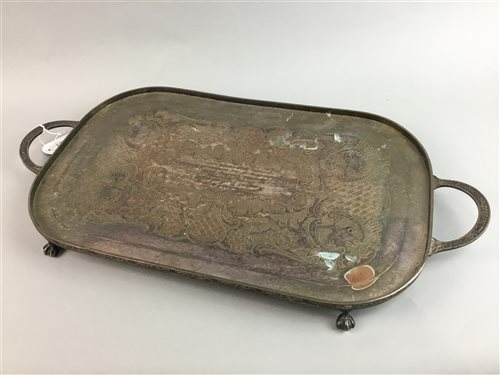 Lot 90 - A SILVER PLATED TEA TRAY, TANKARD AND CUTLERY