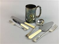 Lot 90 - A SILVER PLATED TEA TRAY, TANKARD AND CUTLERY