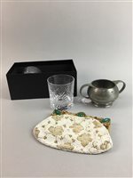 Lot 93 - A PAIR OF KESWICK CRYSTAL GLASSES, BEADED PURSE AND A PEWTER CUP