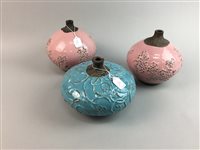 Lot 158 - FOUR PINK CERAMIC VASES AND A BLUE EXAMPLE